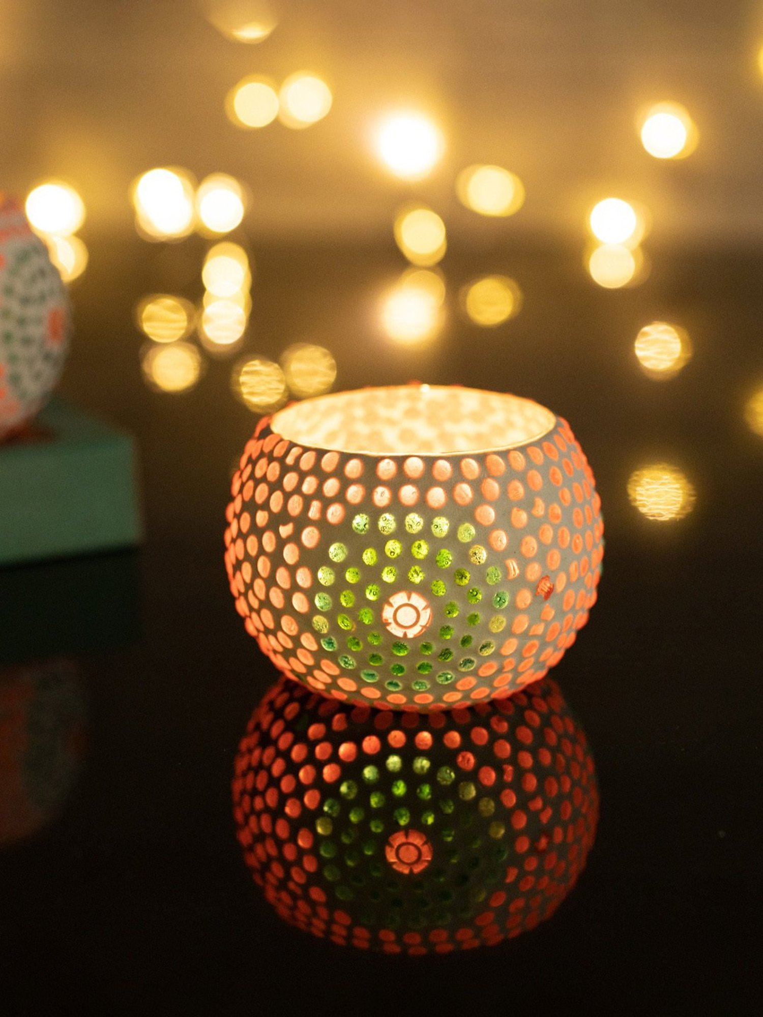 Homesake Round Mosaic Embellished Red Glass Tea Light Candle Holder - Set of 2
