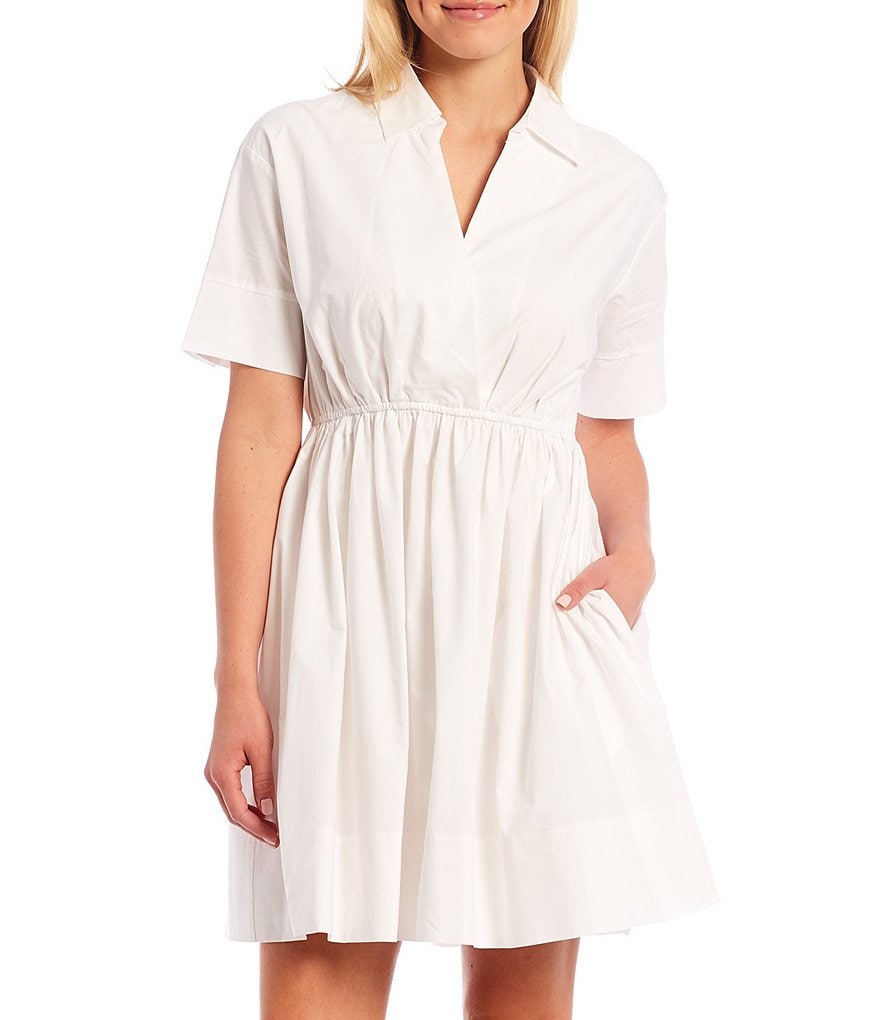 A Loves A Short Sleeve Poplin Cotton Cinched Waist Shirt Dress