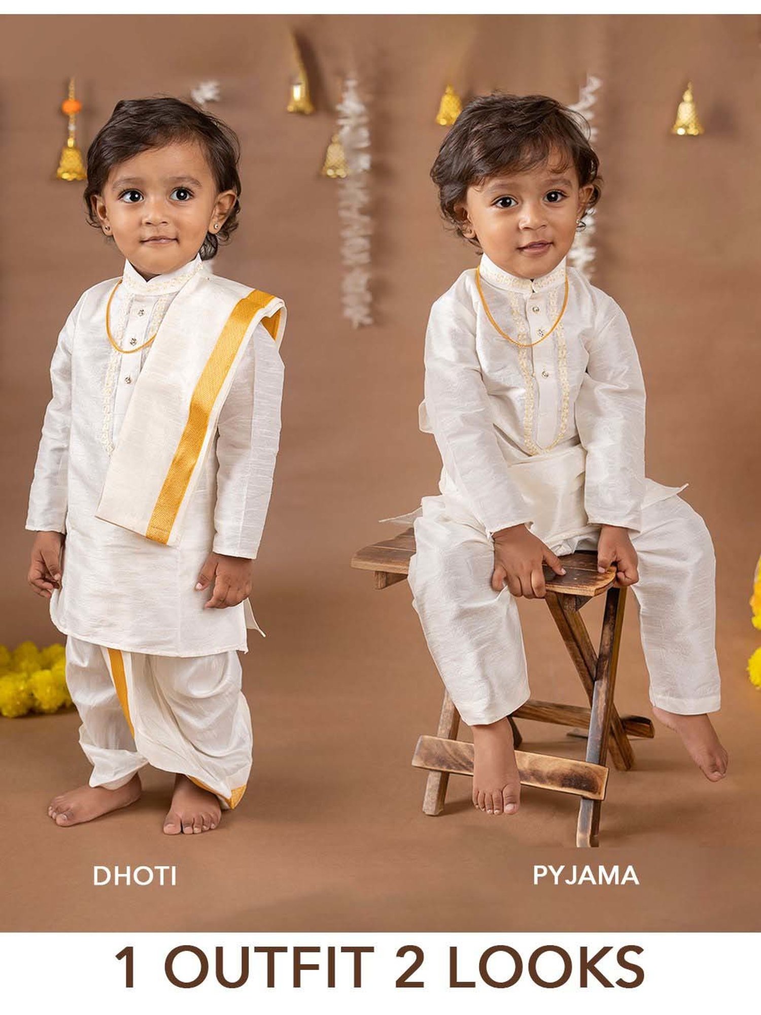 Baby Moo Kids Cream & Yellow Regular Fit Full Sleeves Kurta Set