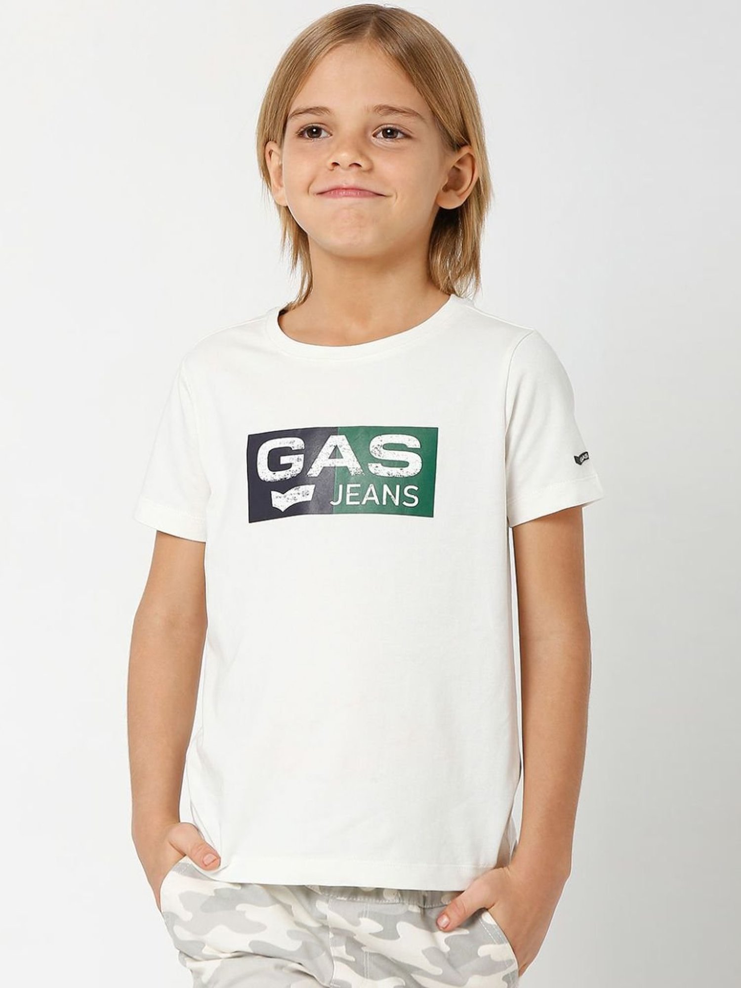 Gas Kids White Printed T-Shirt