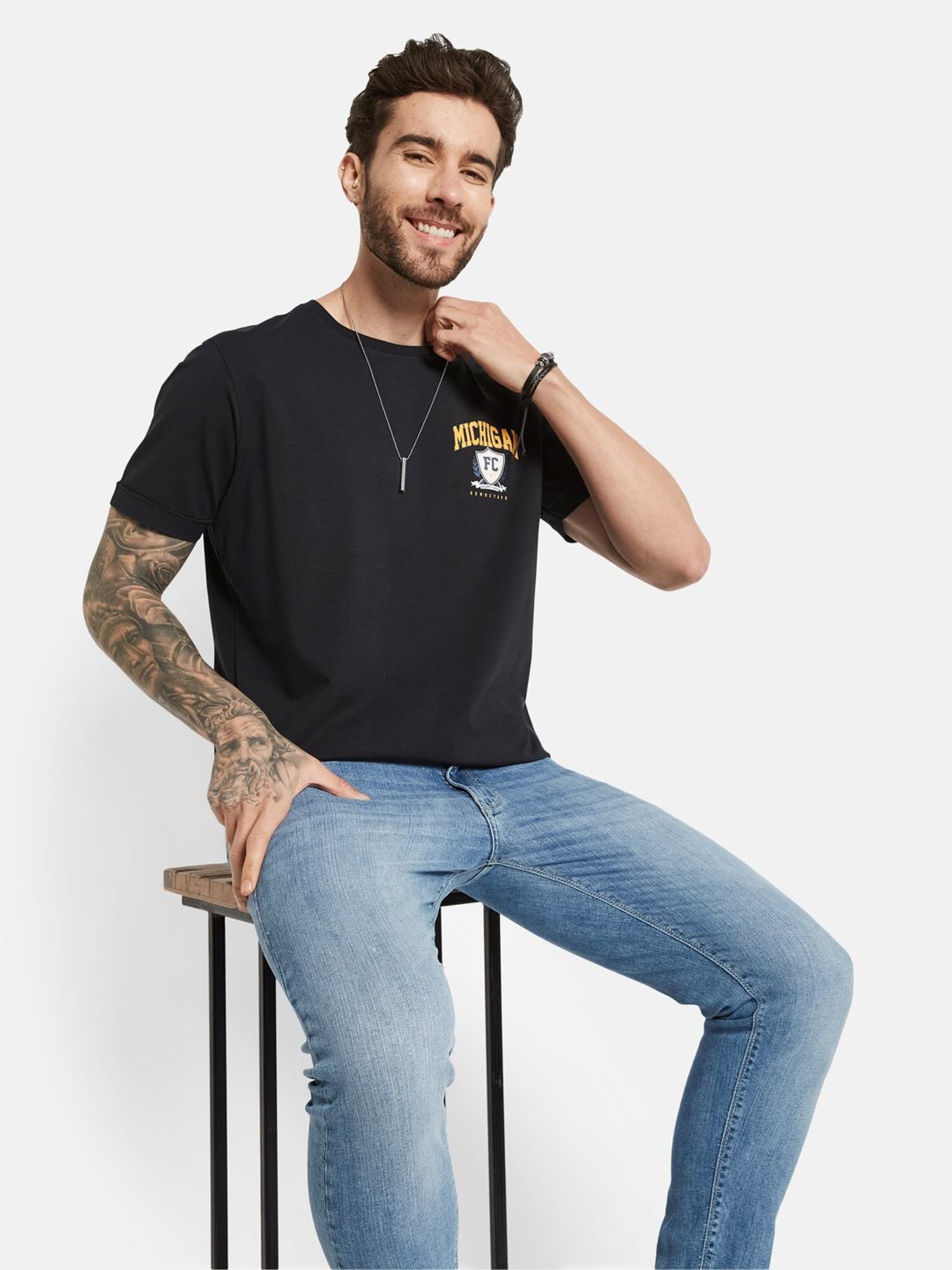 Octave Dark Navy Cotton Regular Fit Printed T-Shirt