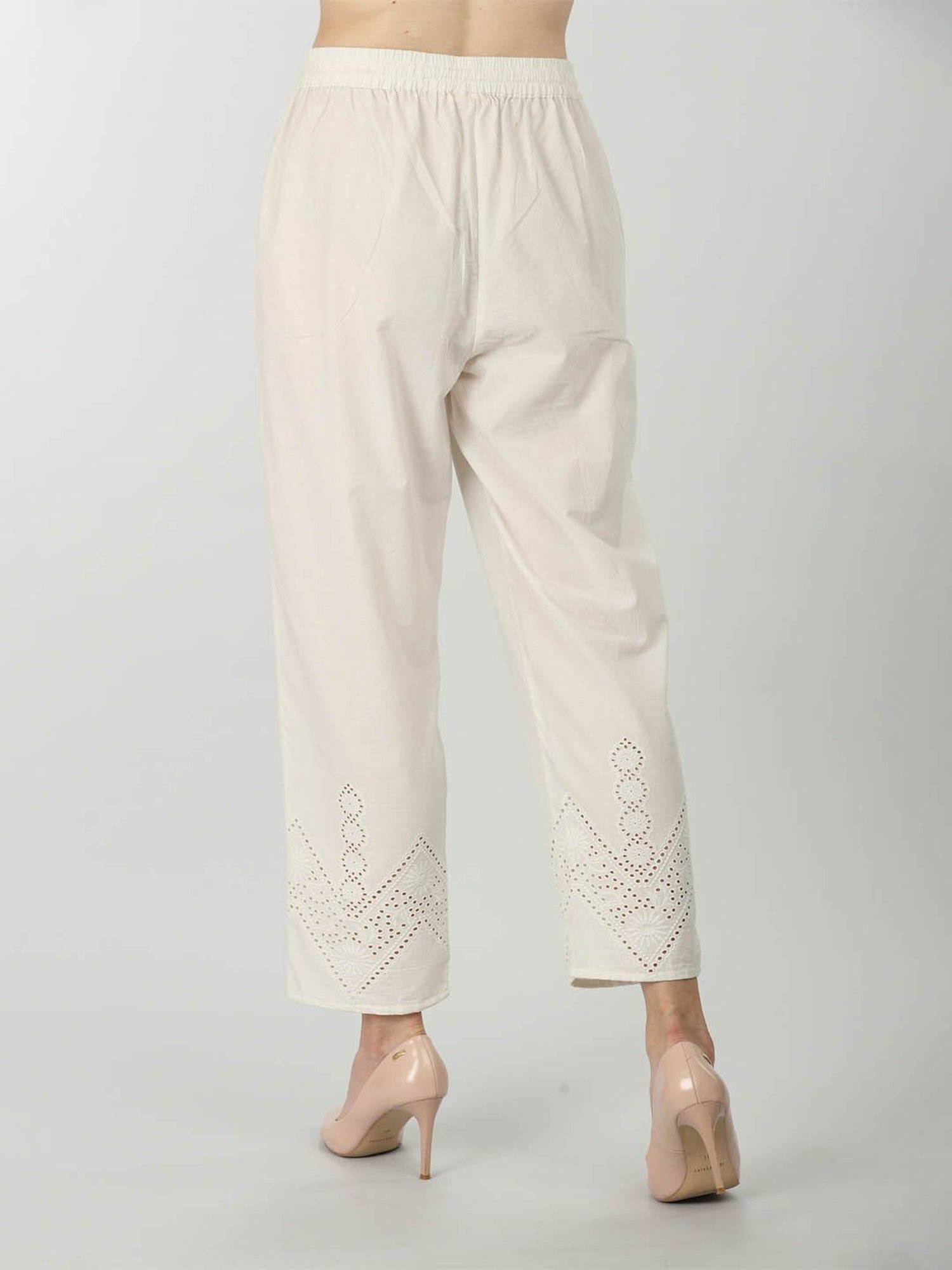 Mustard Off White Cotton Embroidered Pants