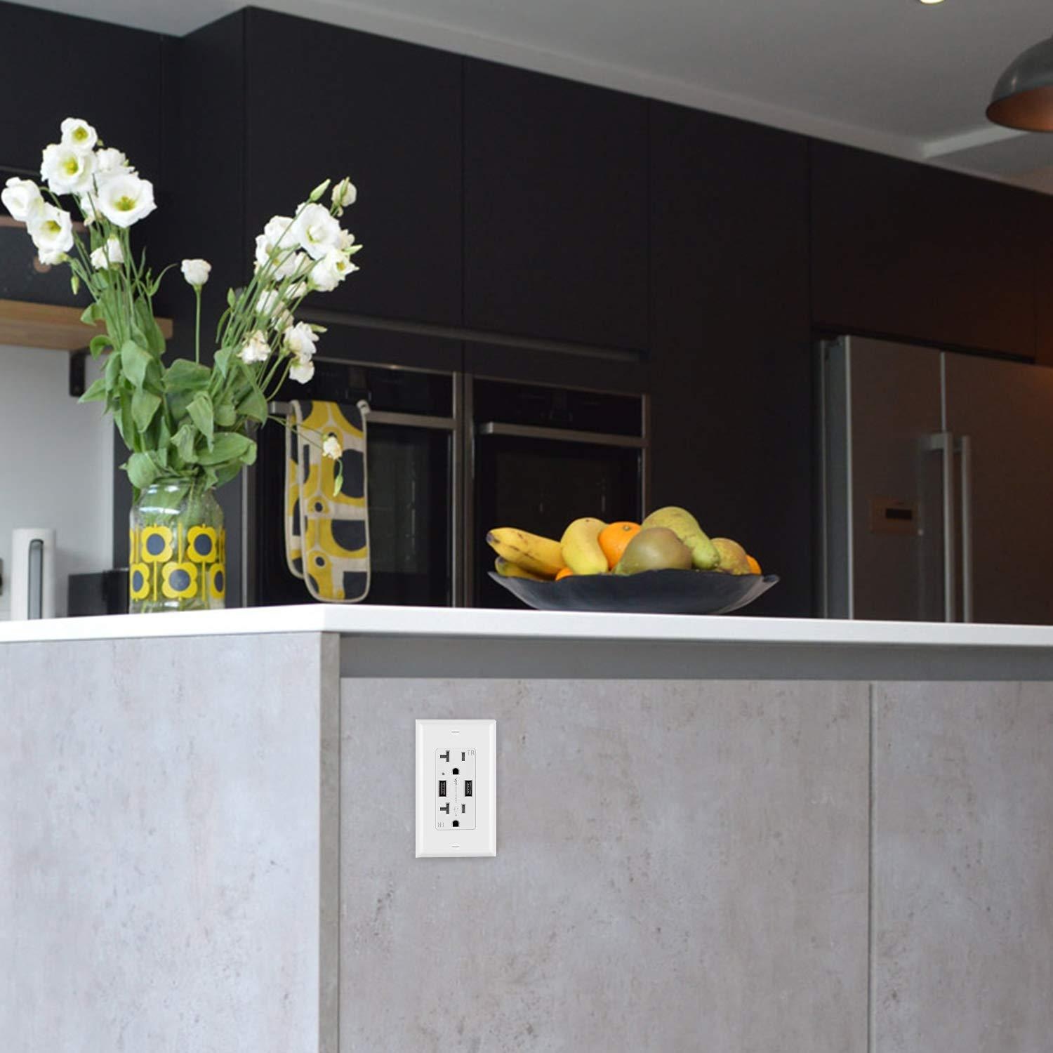 [2 Pack] BESTTEN 3.6A Dual USB Receptacle Outlet with 20 Amp AC Outlets, Smart Chip USB Charger, Wallplate Included, UL Listed, White