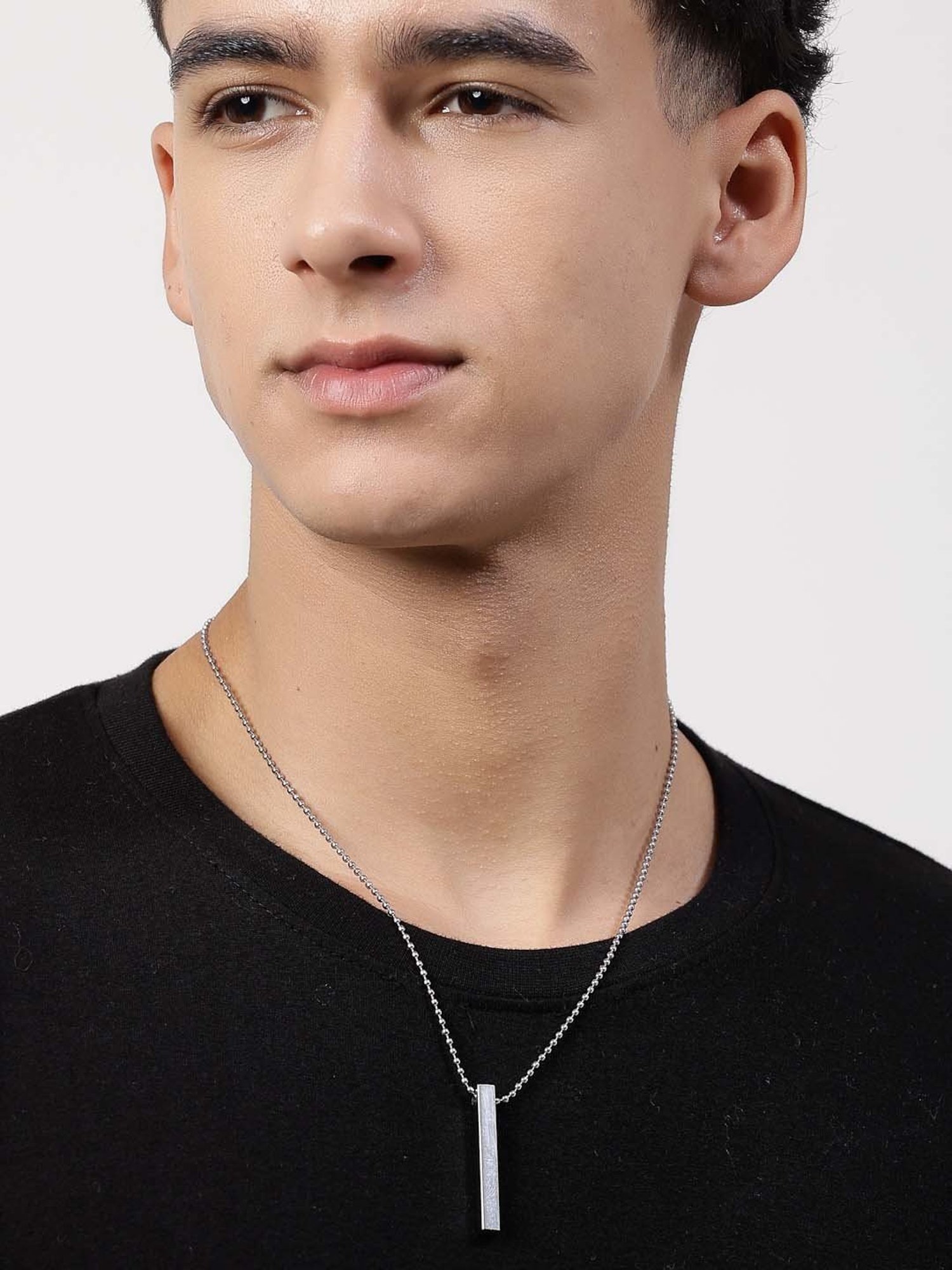 NVR Silver Rhodium Plated Bar Pendant & Chain for Men