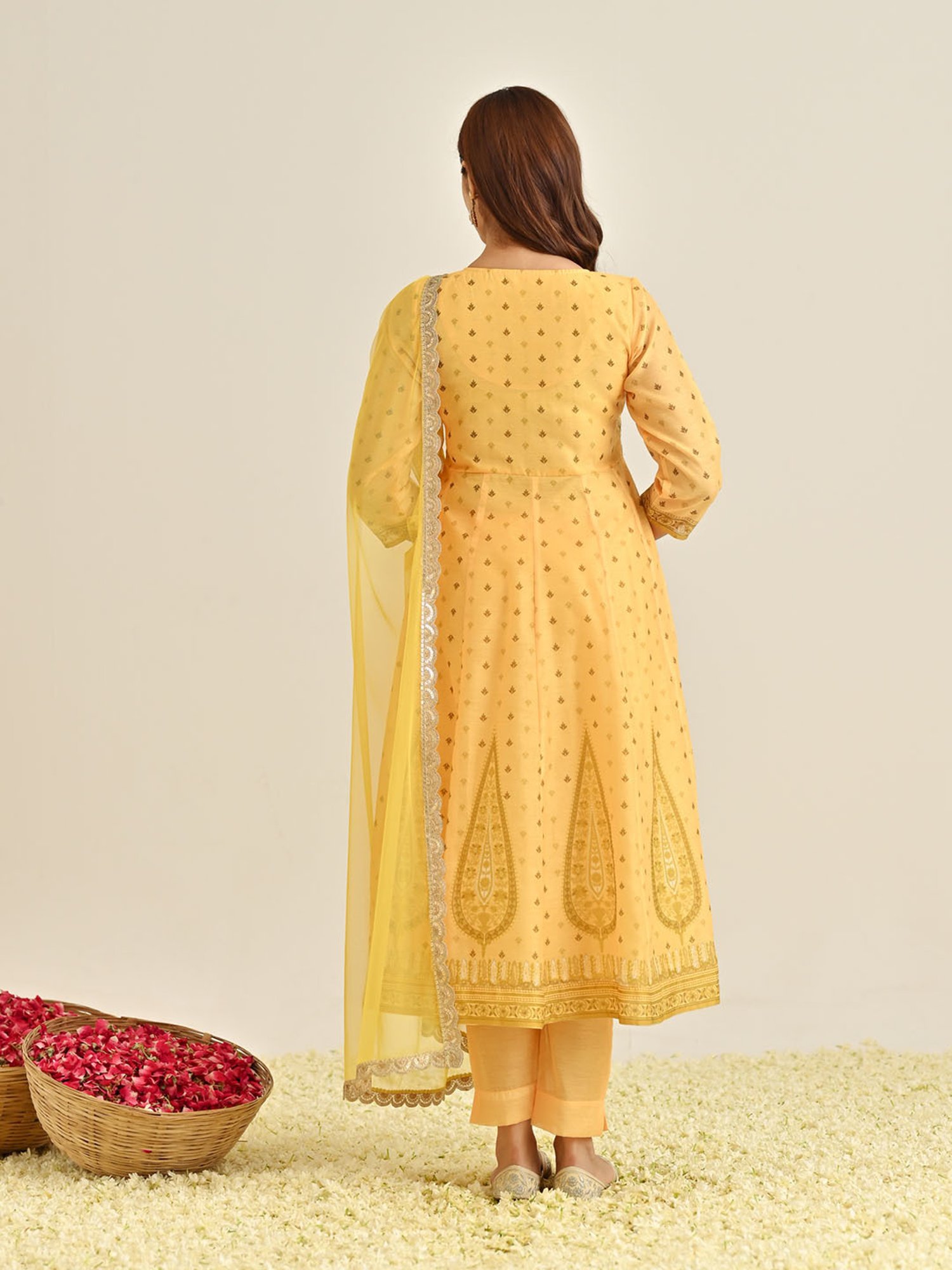 Rustorange Yellow Embroidered Kurta With Pant & Dupatta