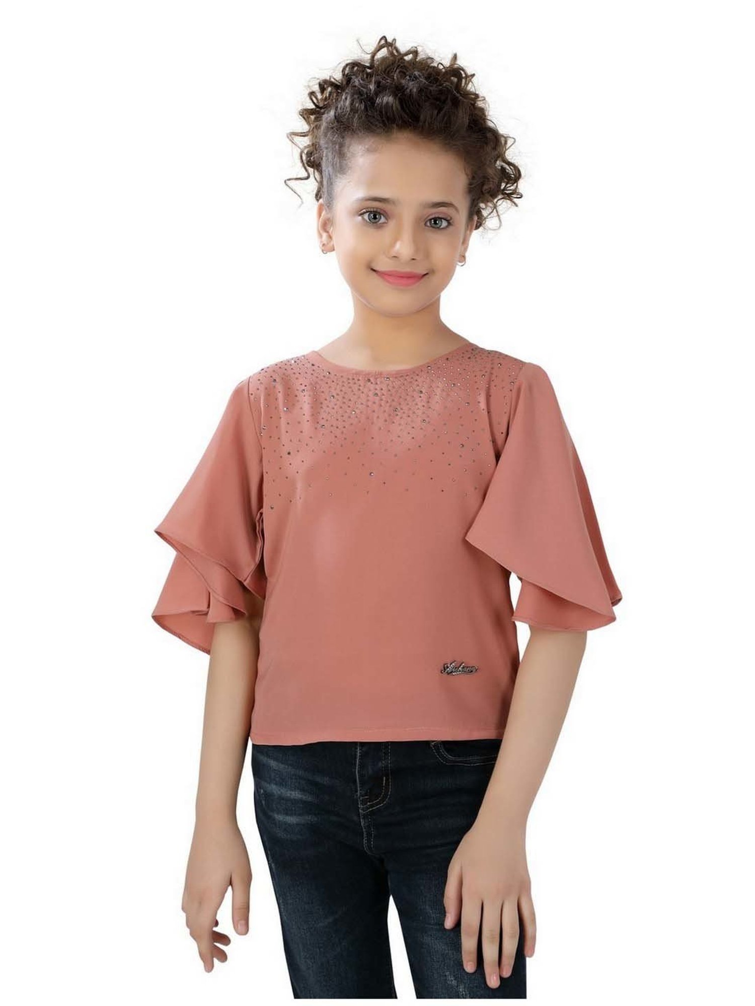 poplins Kids Baby Pink Cotton Embellished Top