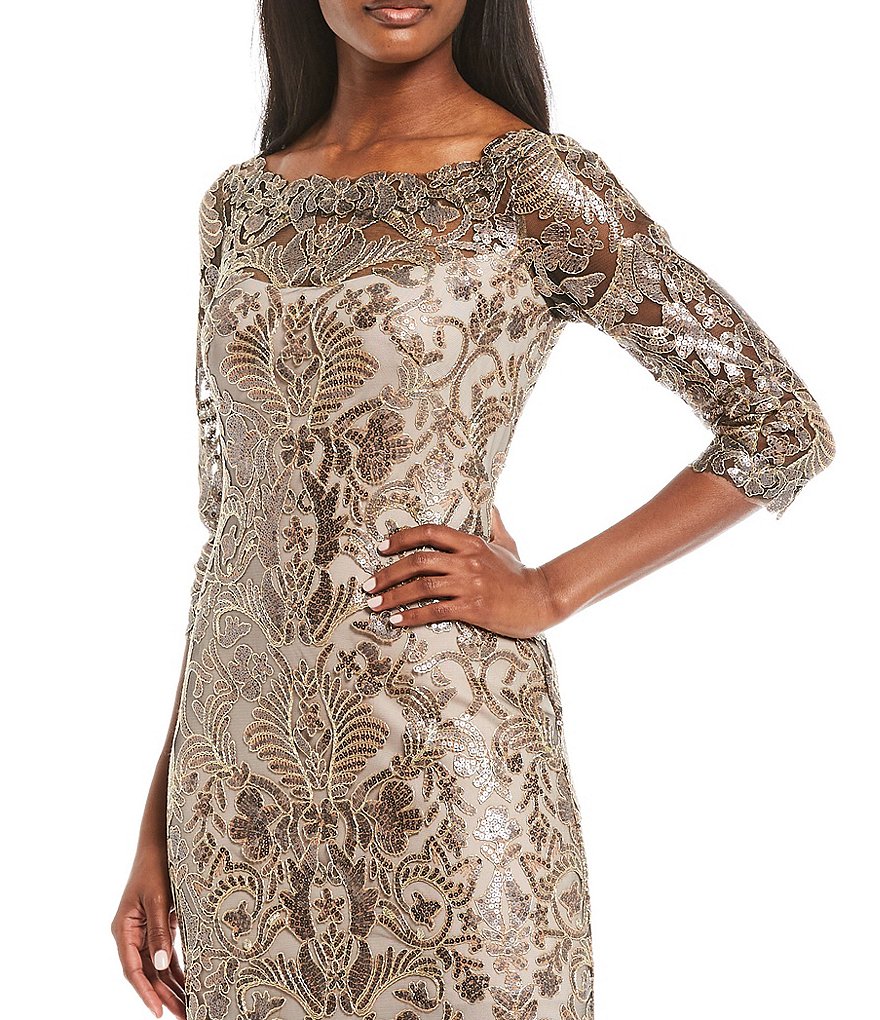 Tadashi Shoji Illusion Sleeve Boat Neck Sequin Corded Lace Gown