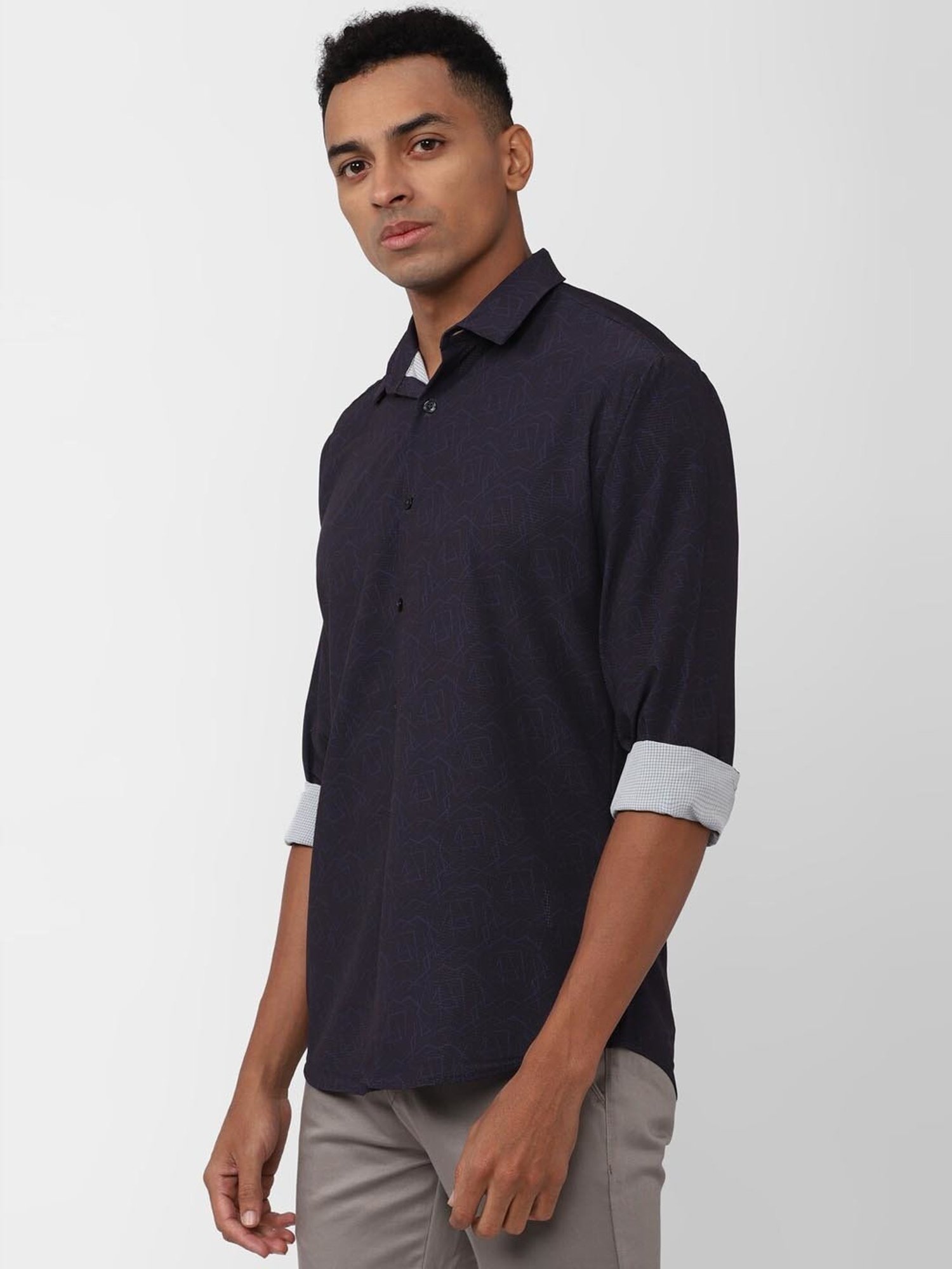 V Dot Navy Slim Fit Printed Shirt