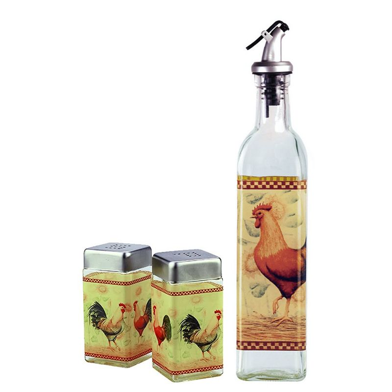 Grant Howard 4 Ounce Capacity Hand Painted Modern Square Salt & Pepper Shaker Set and 16 Ounces Oil & Vinegar Bottle