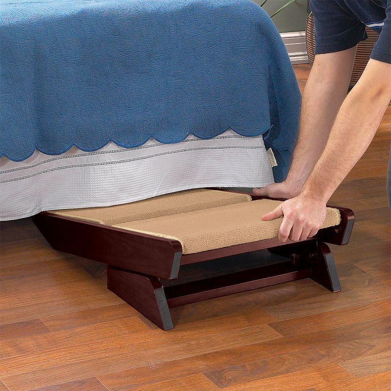 Pet Studio Convertible Foldable Dog Ramp with 3 Non Slip Carpeted Steps and Durable Pine Frame, Mahogany Brown Finish