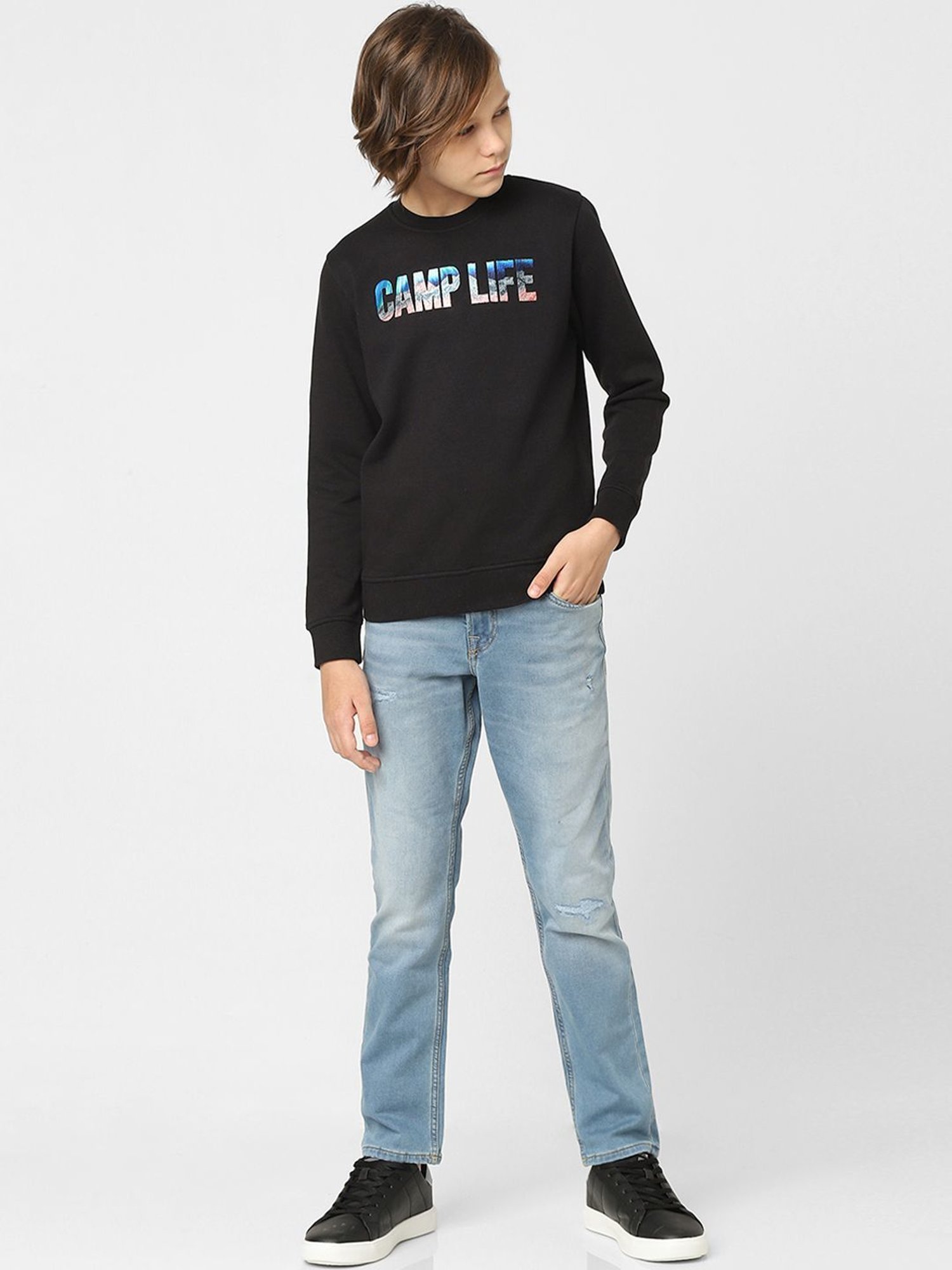 Jack & Jones Junior Black Cotton Printed Full Sleeves Sweatshirt
