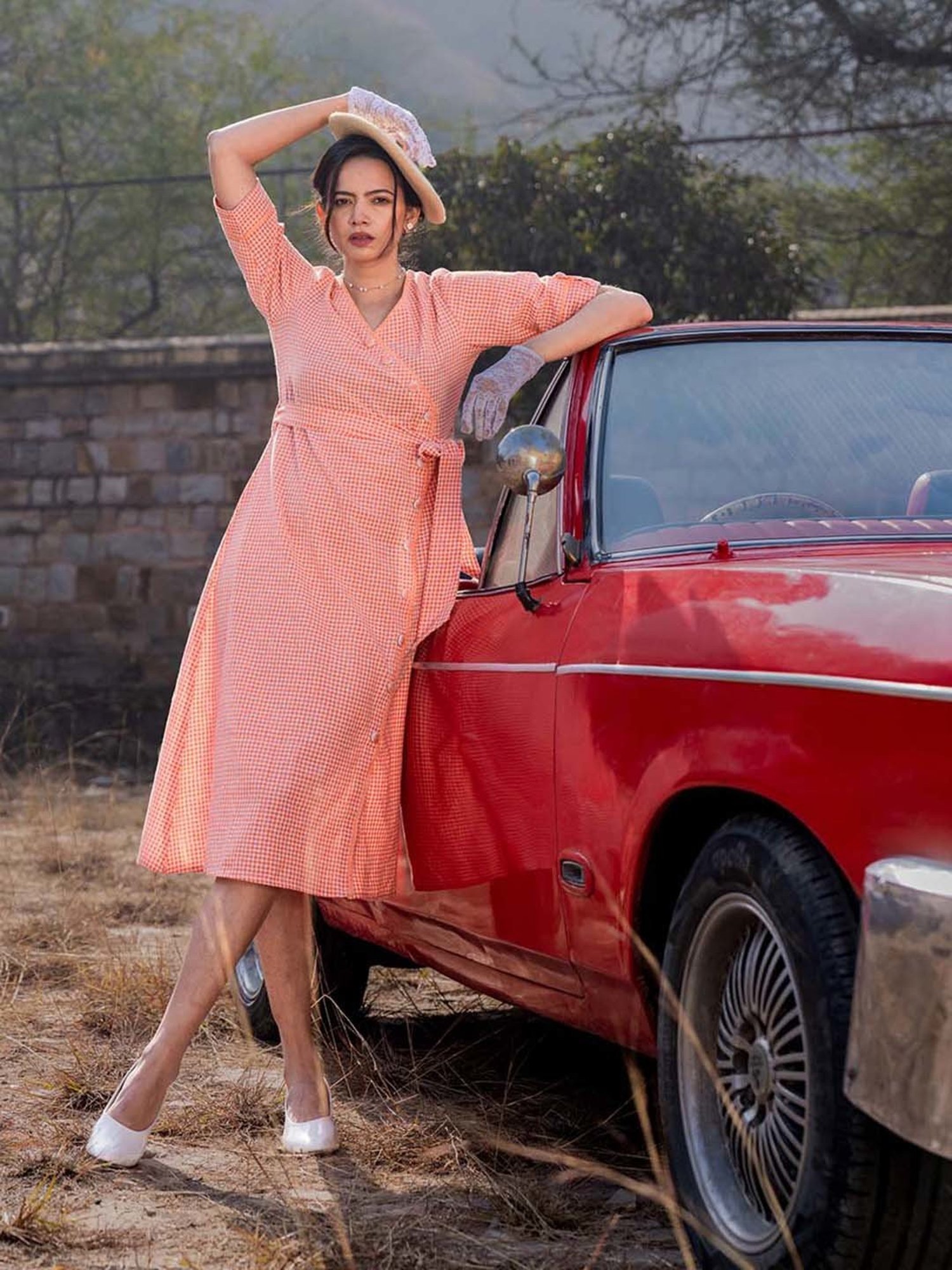 Yufta Orange Check Ethnic Dresses