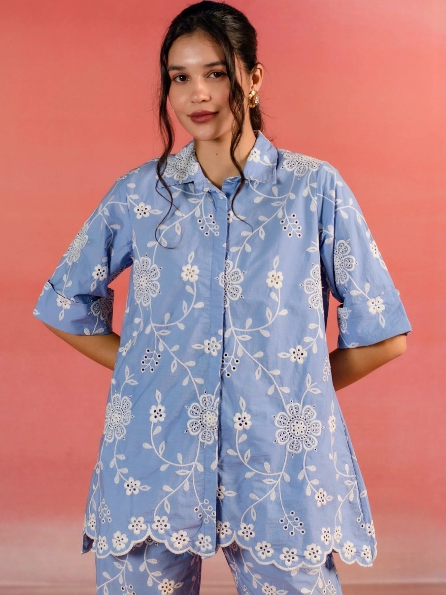Kameez by Pooja Blue Floral Embroidered Poplin Shirt with Pant Co-ord Set