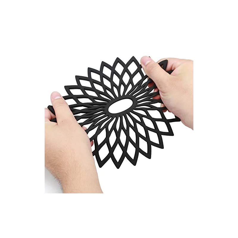 Silicone Trivets for hot dishes and Cookware，Flexible Carved trivets Mats for hot pots and pans - Durable Non Slip Coasters Set of 3 (Black)