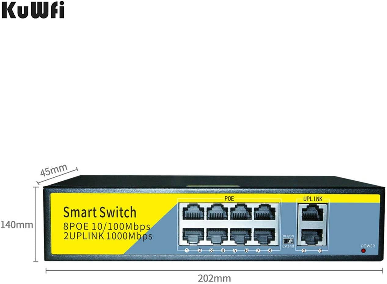 KuWFi 10-Port PoE Switch Gigabit Ethernet 2 Port Uplink 802.3AT/AF 120W Cat5 Unmanaged Metal Smart Desktop Network Power Over Ethernet Injector
