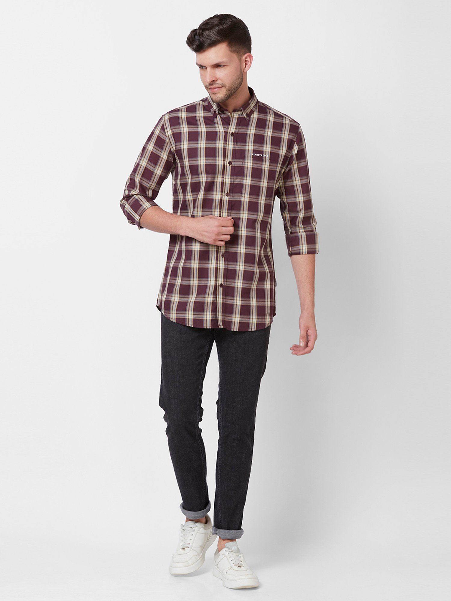 Kenneth Cole New York Maroon Slim Fit Check Cotton Shirt
