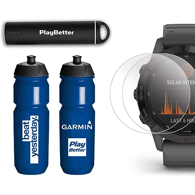 Garmin Fenix 6 Pro Solar (Black with Slate Gray Band) Runner's Bundle | +Garmin Water Bottle, HD Screen Protectors &  Charger | Solar Charging, PacePro & Music