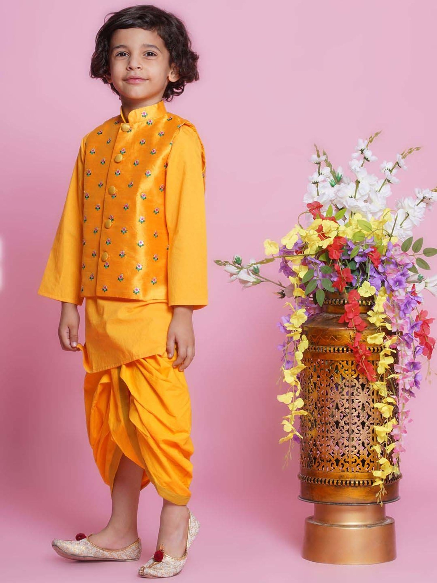 Little Bansi Boys Yellow Cotton Self Full Sleeves Kurta Set