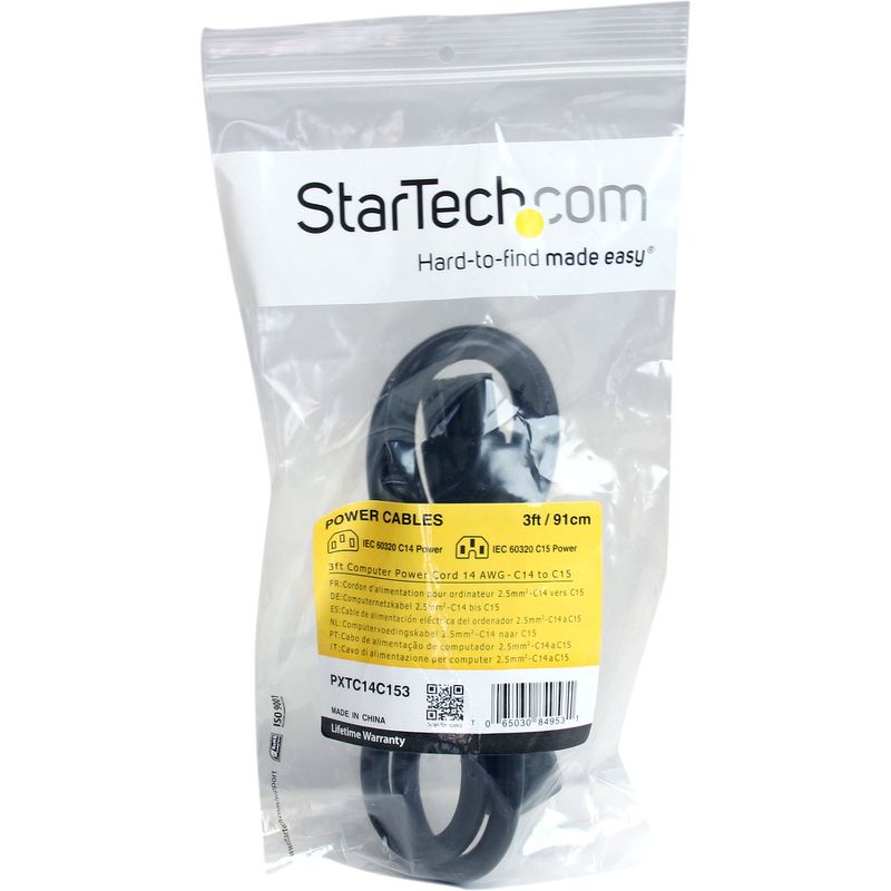 StarTech.com 3 ft 14 AWG Computer Power Cord - IEC C14 to IEC C15 - 3ft - IEC 60320 C14 - IEC 60320 C15 250V AC - 15A - Black