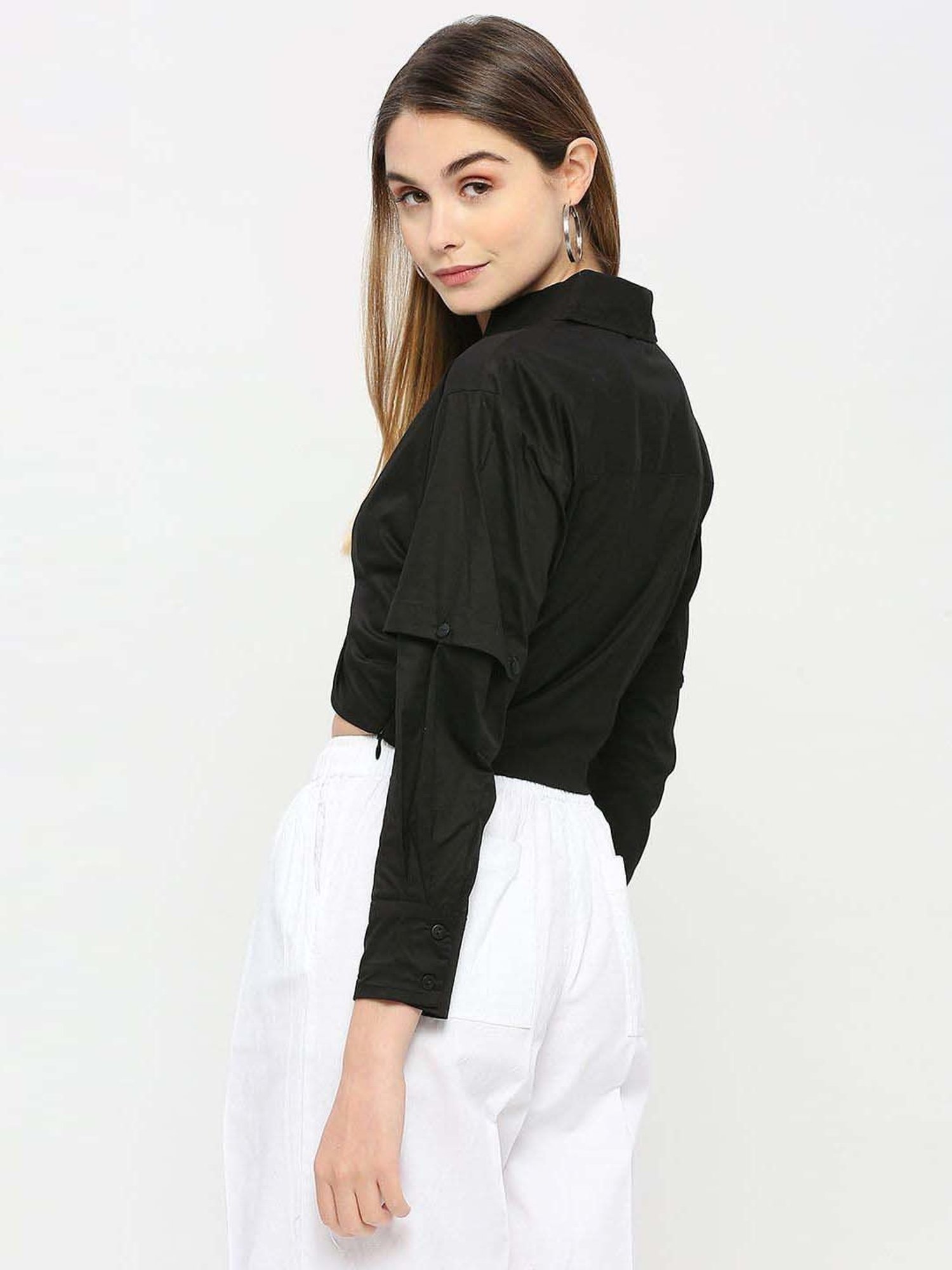 Remanika Black Pure Cotton Cropped Tie Knot Shirt