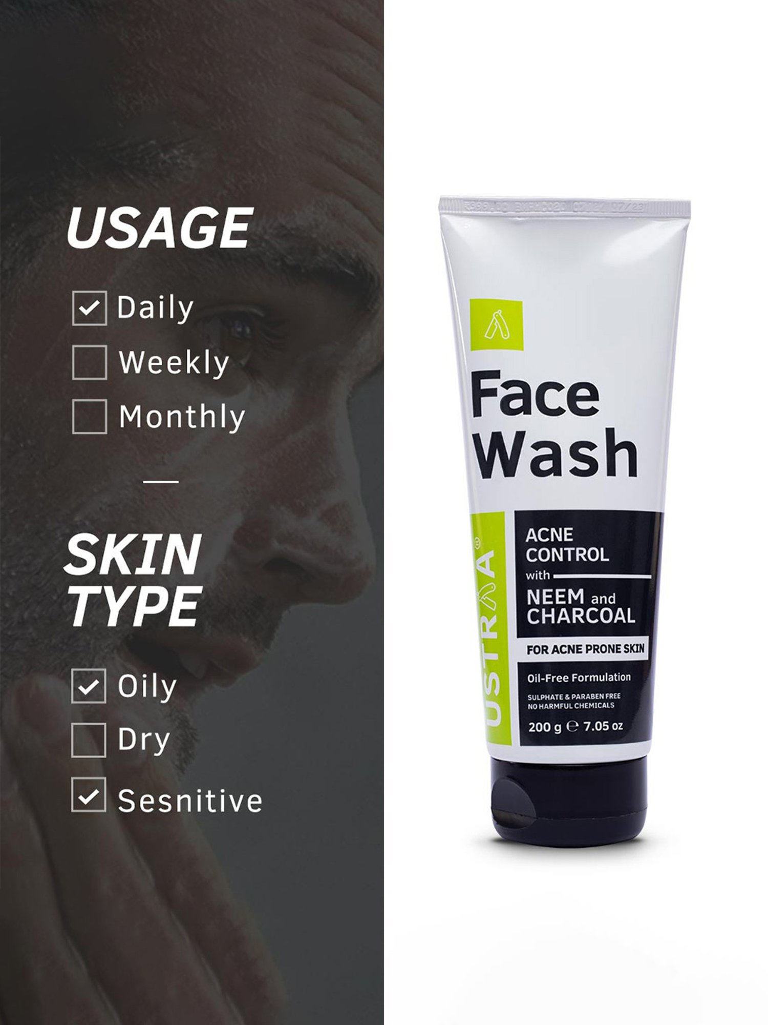 Ustraa O.G Deodorant & Face Wash Neem & Charcoal - Set of 2