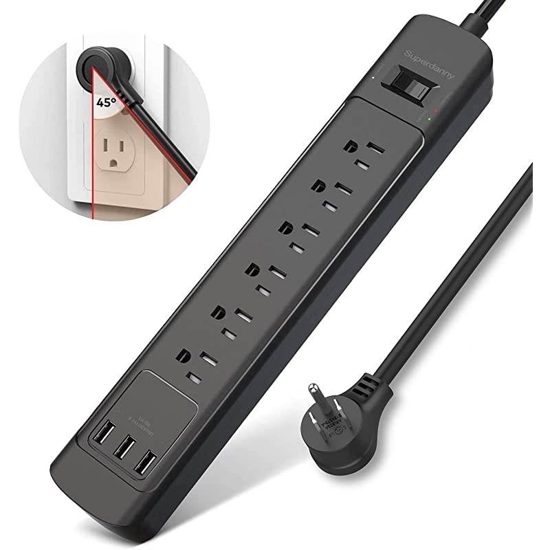 ETL Approval 2100J Surge Protector Power Strip with USB  Mountable Angled Flat Plug 5ft Extension Cord 6 Outlets 3 USB Slots for iPhone iPad Desktop Computer Home Office Kitchen Black