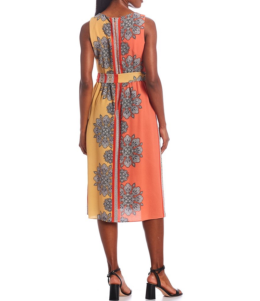 Maison Tara Printed Crepe Belted Round Neck Sleeveless D-Ring Belt A-Line Dress