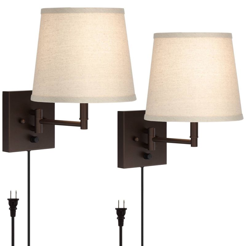 Barnes and Ivy Modern Swing Arm Wall Lamp Antique Brass Plug-In Light Fixture Taupe Fabric Bell Shade Bedroom Living Room Reading