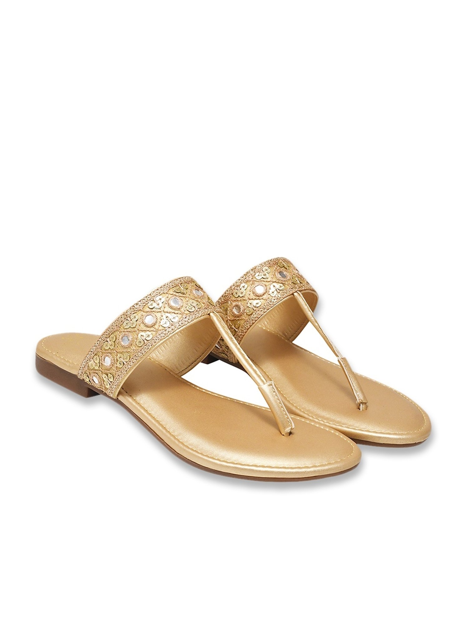 Shoetopia Women's Gold T-Strap Sandals