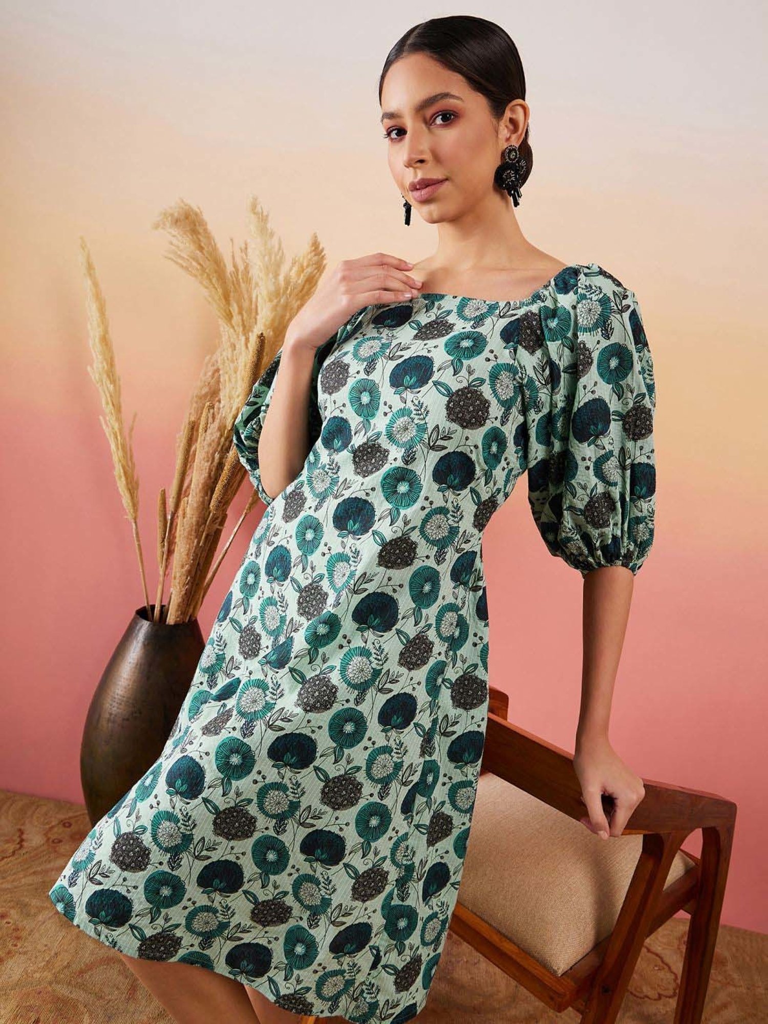 Inweave Blue Cotton Floral Print A-Line Dress