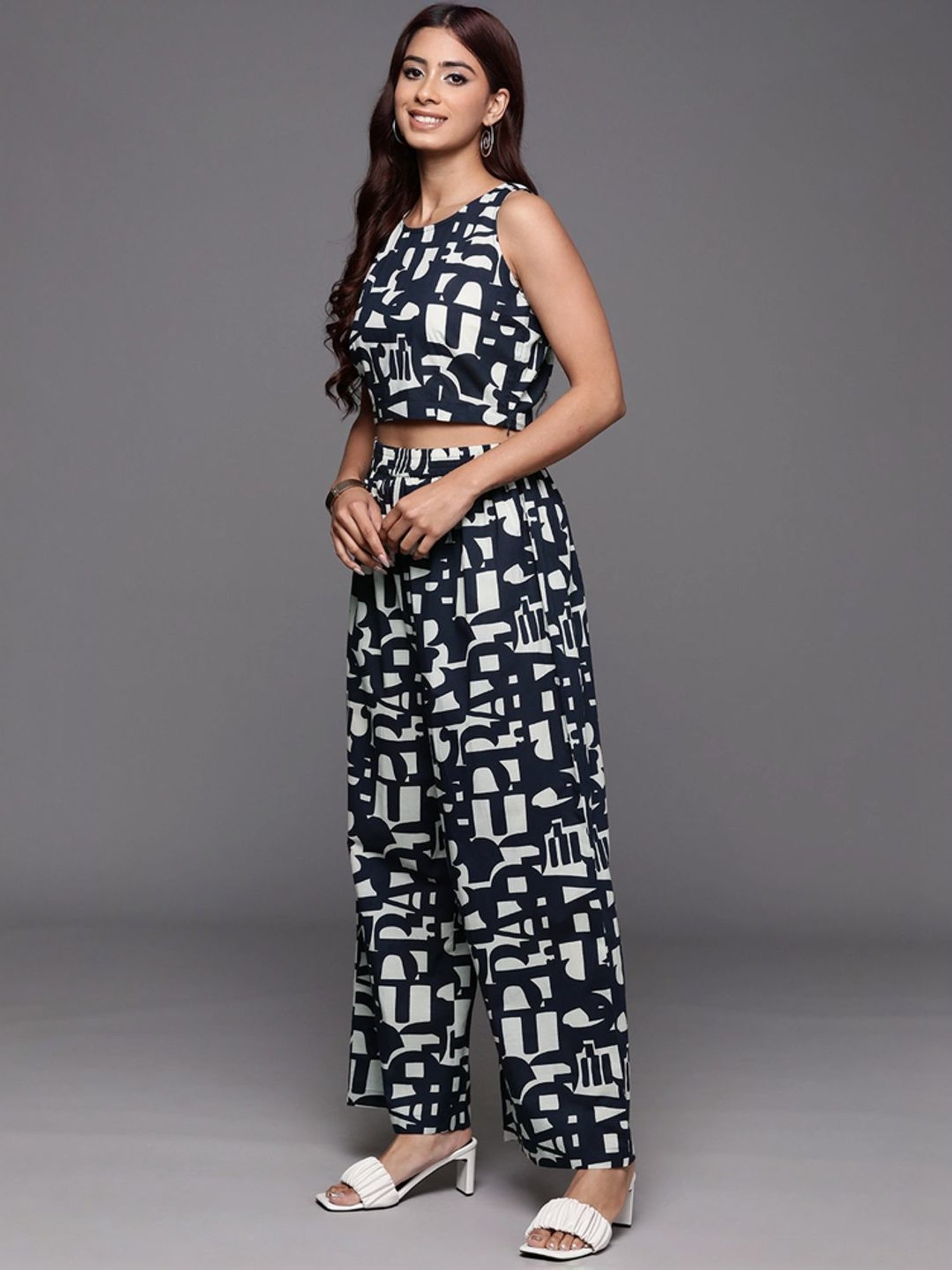 Varanga Navy Cotton Printed Crop Top Palazzo Set With Jacket
