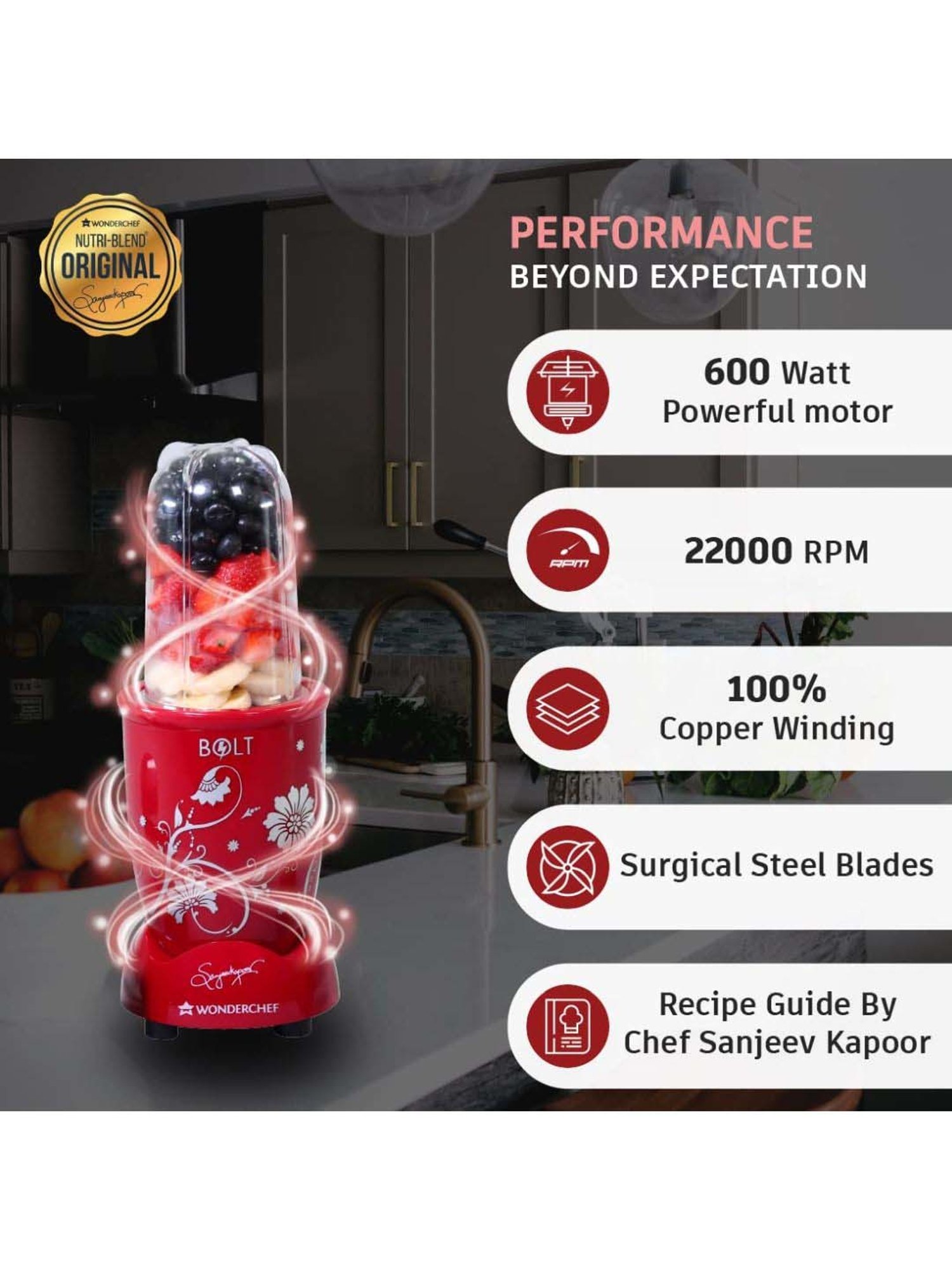 Wonderchef Nutri-Blend BOLT 22000 RPM Mixer-Grinder with 2 unbreakable Jars & Sipper lid (600W, Red)