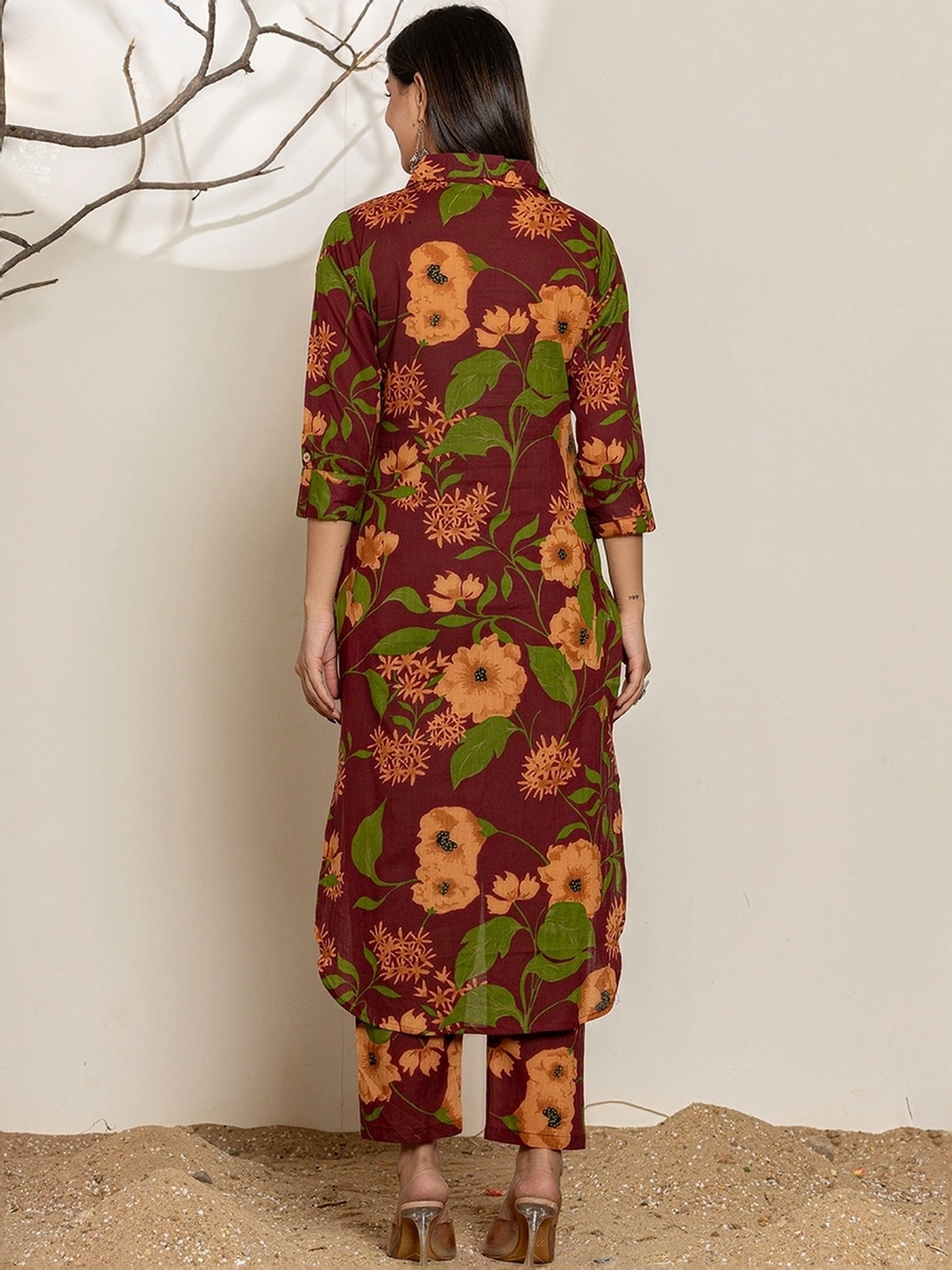 Yufta Maroon Cotton Printed Tunic Pants Sets