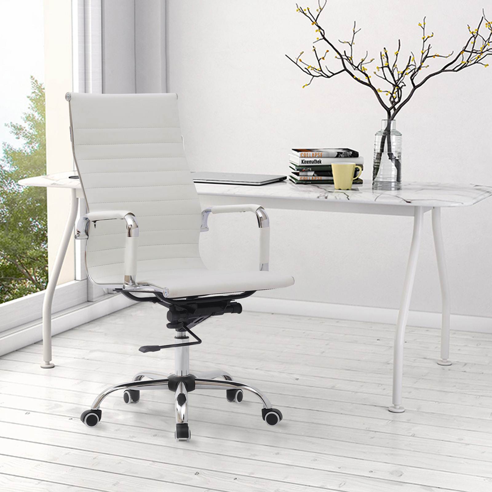 YOUTHUP Office Chair Functional Ergonomic Leather Office Chair Swivel Rolling Computer Desk Chair with Lumbar Support,Beige