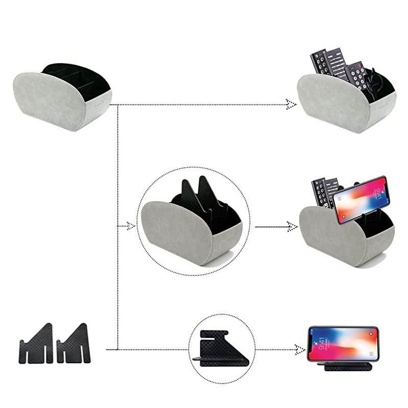 Remote Control Holder Table Organizer with Phone Pad Support Upgrade Size Stable PU Leather Control Caddy Storage TV Remote Control Organizer with 5 Spacious Compartments Gray with Support