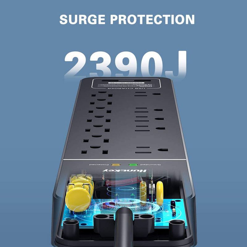 Huntkey 3 x SMC127 125 Volt Power Strip with 12 AC Sockets, 2 USB Ports, 6 Foot Heavy Duty Cord, and Flame Retardant ABS Construction, Black (3 Pack)