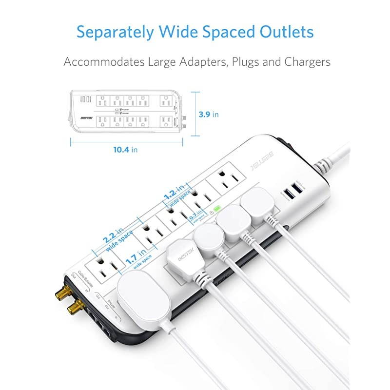 10Outlet 4000 Joules Surge Protector Power Strip with USB 15A 1875W with Dual 24A USB Charging Ports 6Foot Heavy Duty Extension Cord FCCUL Listed White