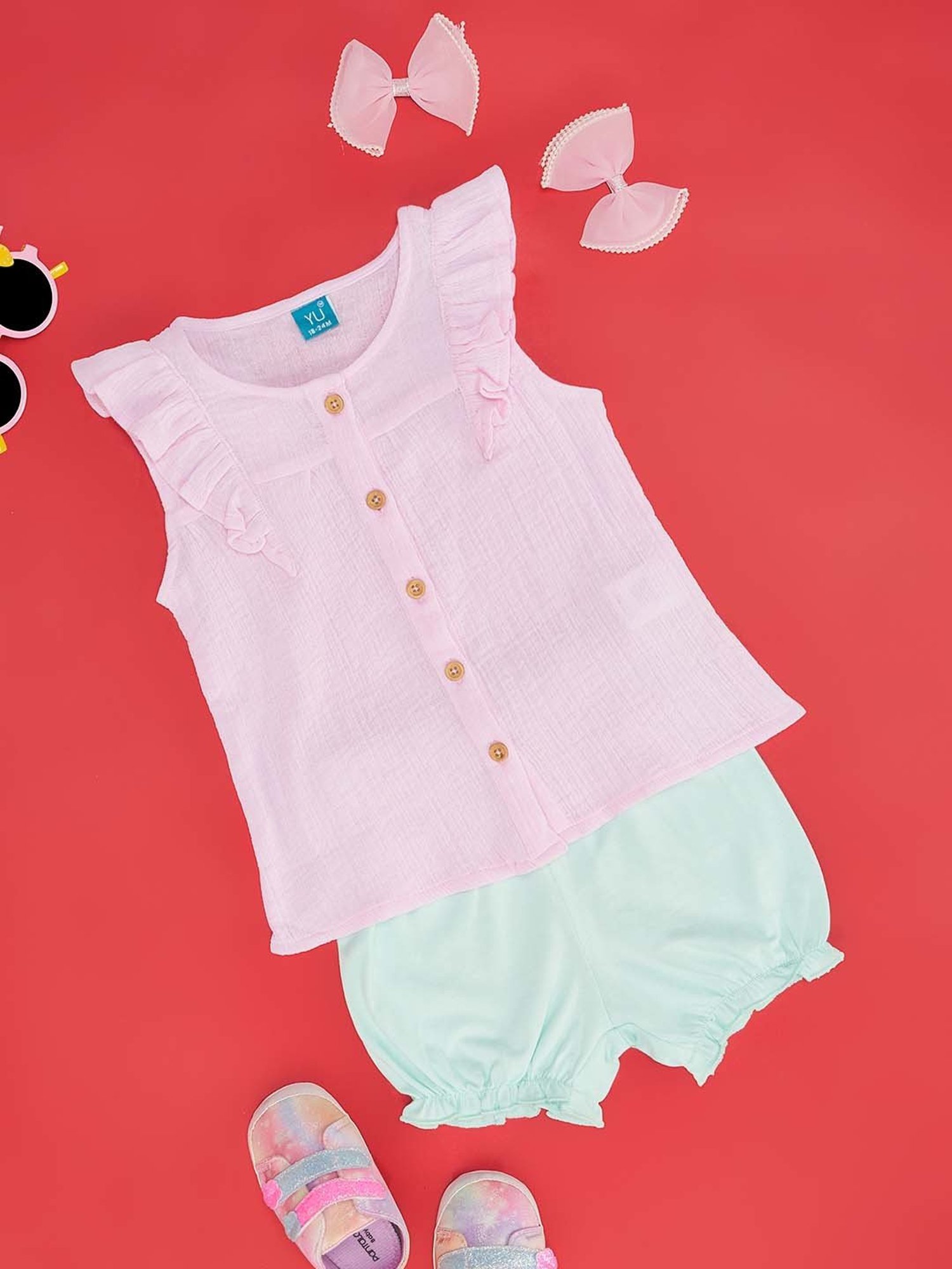 YU by Pantaloons Kids Pink & Blue Cotton Regular Fit Top Set