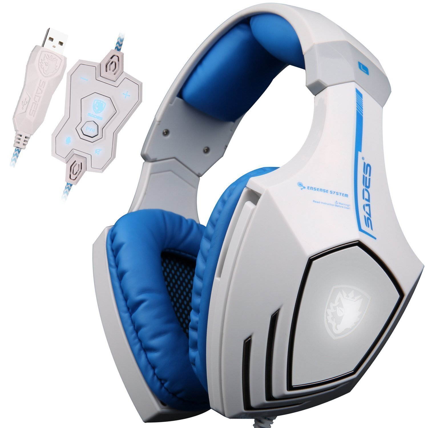 SADES A60 7.1 USB Pro PC Gaming Headset Surround Sound Stereo Over-the-Ear Headband Headphones with High Sensitivity Mic Bass Vibration Noise-Canceling Volume Control Wolf Logo Flashing LED Lightings