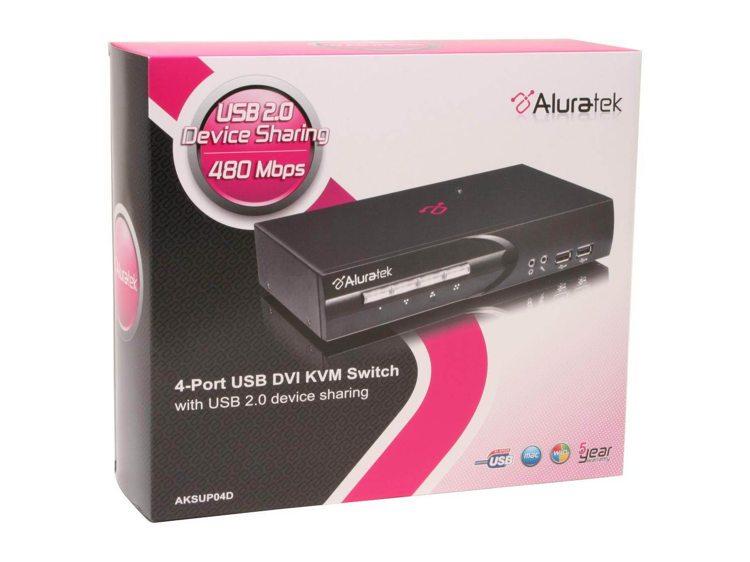 Aluratek AKSUP04D 4-Port USB DVI KVM Switch w/USB device sharing w/4 cables