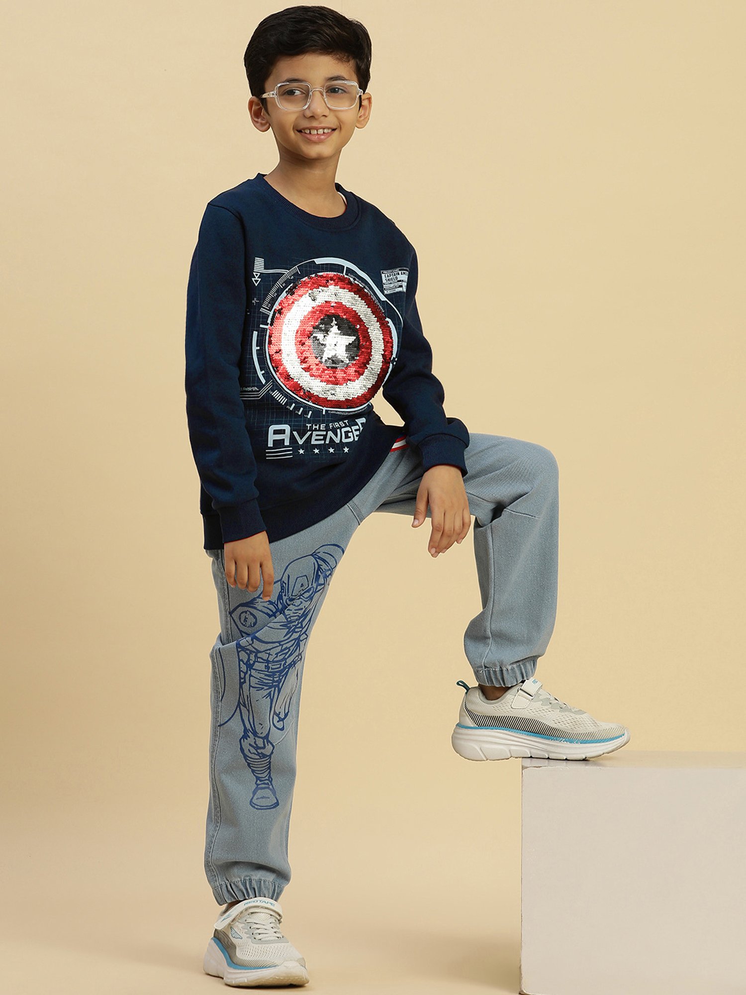 Kidsville Captain America Embellished Navy Sweatshirt For Boys