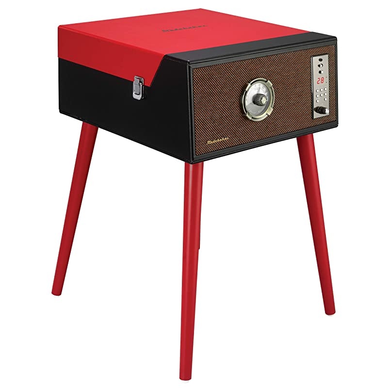 Floor Stand Turntable, Bluetooth Receiver, CD Player, FM Radio, Wood Cabinet, 3W RMS Speakers x 2 (Red)