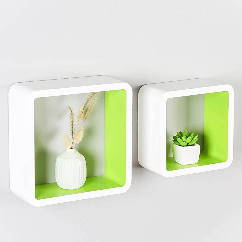 Set of 2 Cube Floating Shelves Wood Wall Shelves for Home Decoration Storage Display Rack White+Green