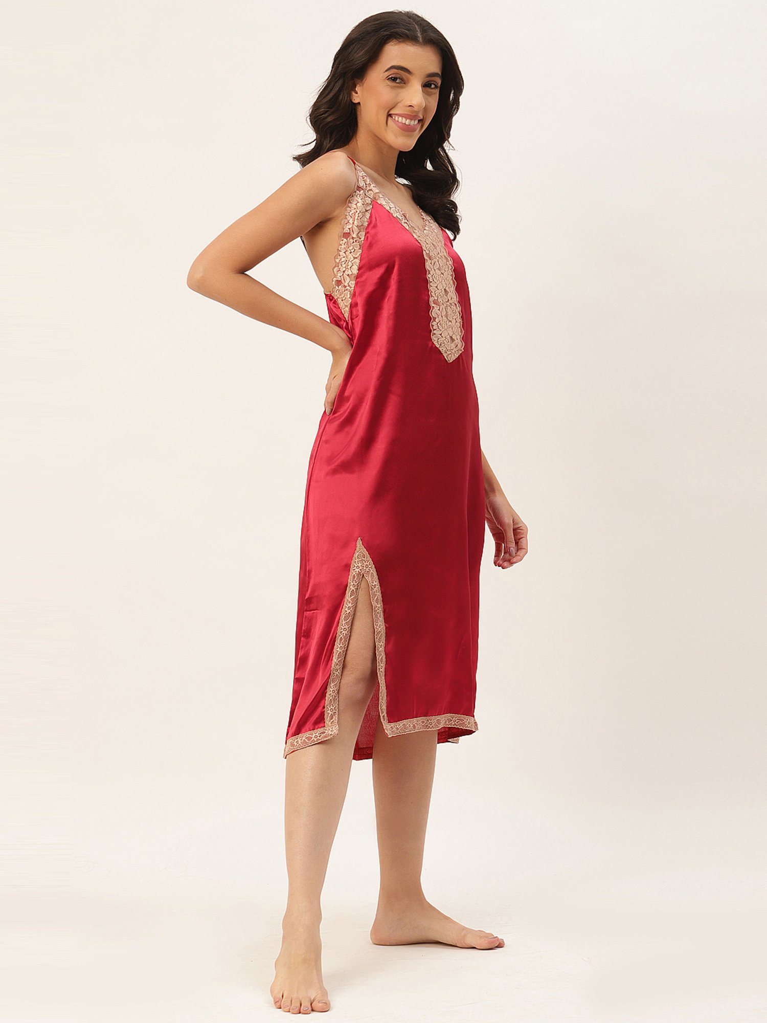 Ms.Lingies Maroon Lace Work Nightwear With Robe