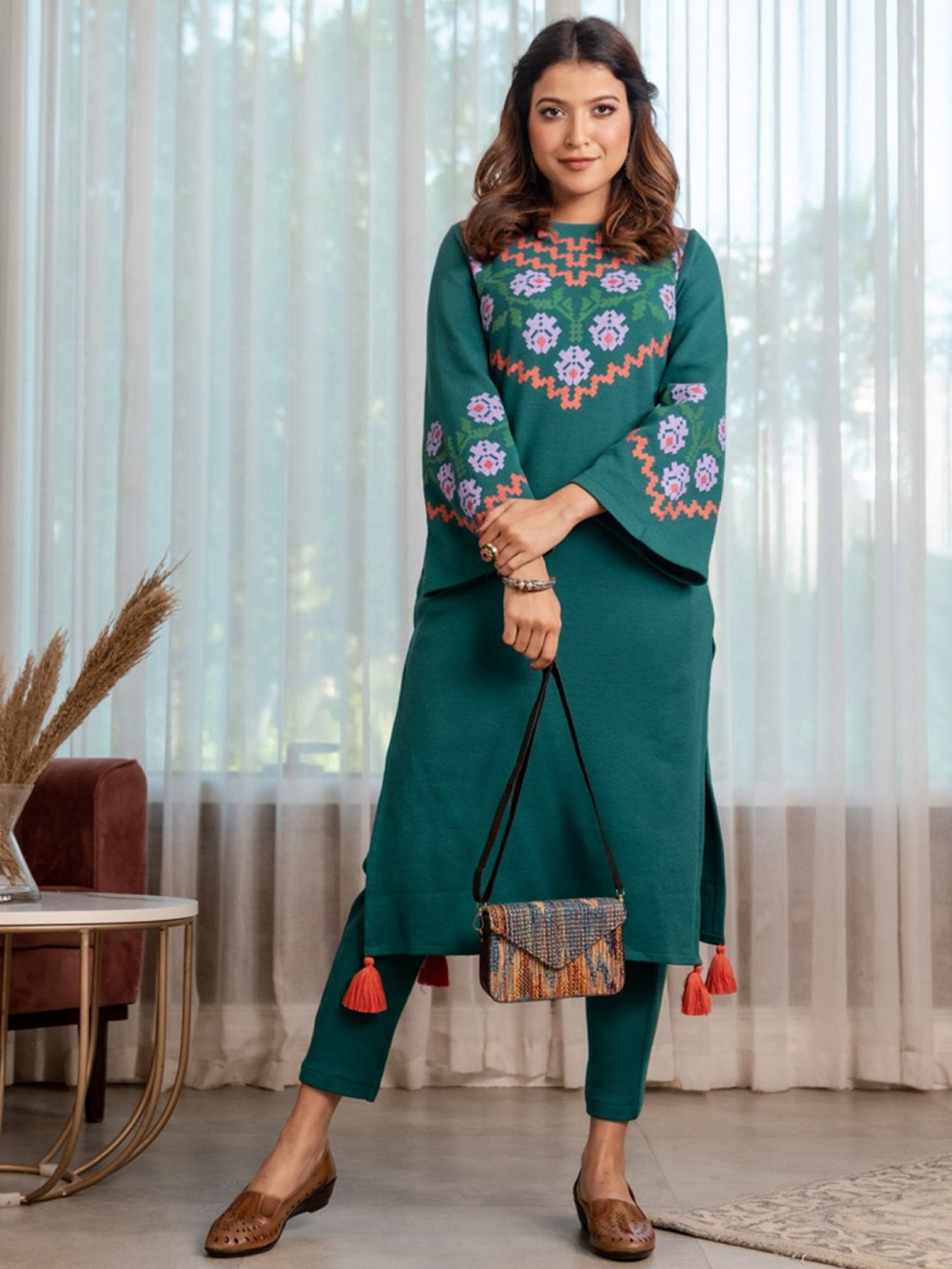 Rustorange Green Printed Straight Kurta