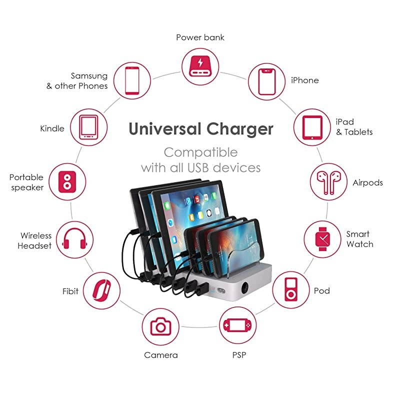 6 USB Charging Station for Multiple Devices Fast Multiple USB Charger Multi Port Hub Charging Organizer Dock Smart Cell Phone Docking Station iPhone Compatible Charger LED NoBuzz
