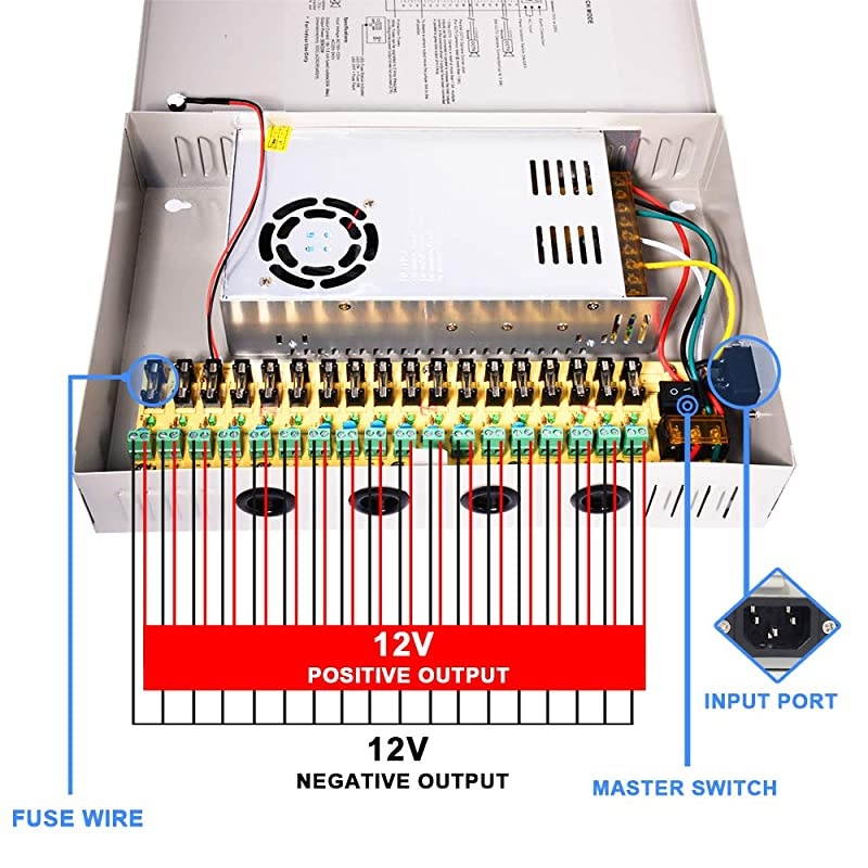 DC Power Supply 9 Channel Port Output 12V 150W CCTV Electrical Box Distributed Power Supply Box with AC Power Line and Key 9CH 125A 150W
