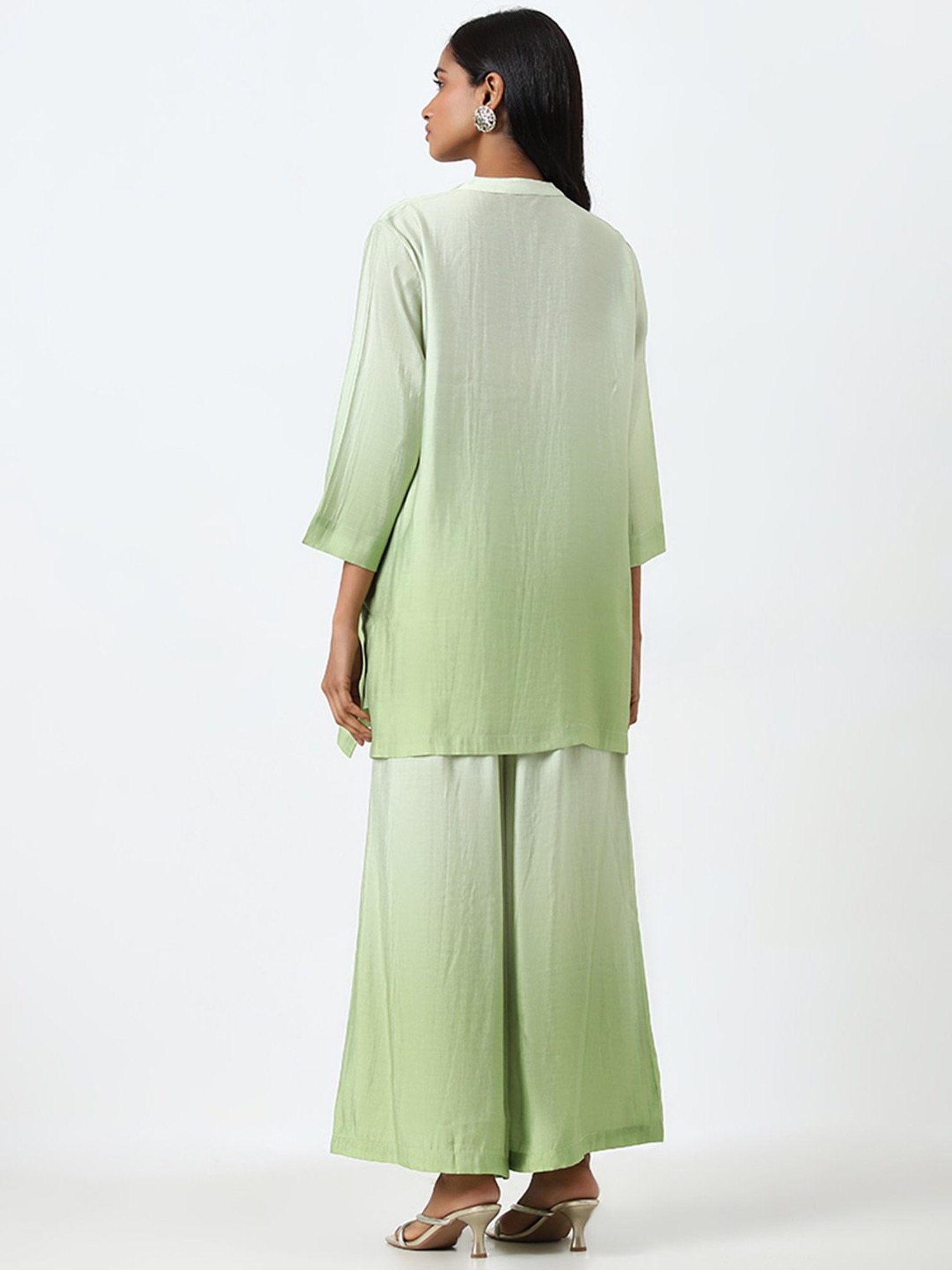 Vark by Westside Light Green Floral Design Tunic with Palazzos Set