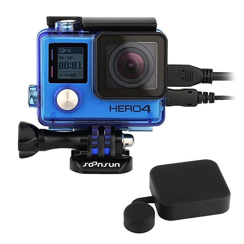 Side Open Protective Skeleton Housing Case with LCD Touch Backdoor and Silicone Lens Cap Cover for GoPro Hero 4, Hero3+, Hero 3 Camera - Transparent Blue