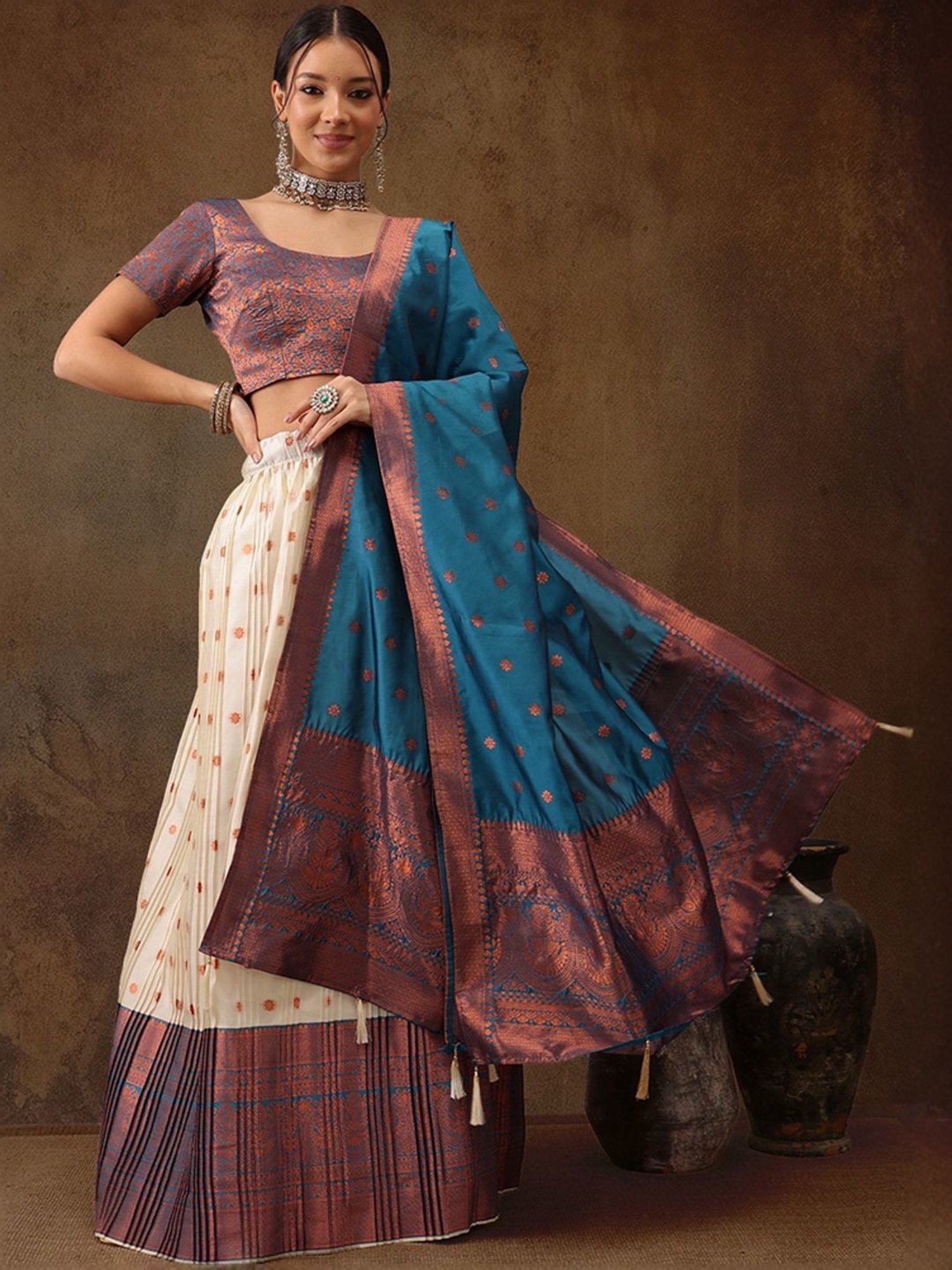 Silk Land Beige & Blue Woven Pattern Semi Stitched Lehenga Choli Set With Duppata